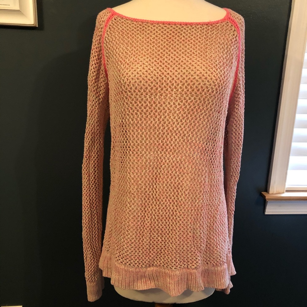 American Eagle L Pink Crochet Waffle Knit Sweater
